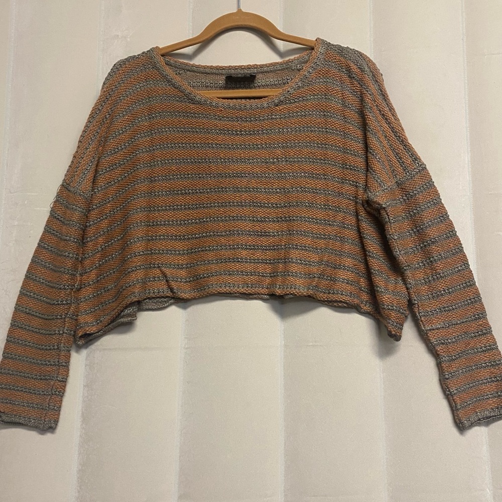 Storia Women’s Sweater Small Crop Drop Shoulder Burnt Orange Grey Stripes Beachy